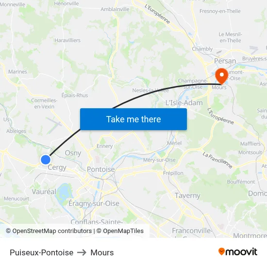 Puiseux-Pontoise to Mours map