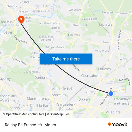 Roissy-En-France to Mours map