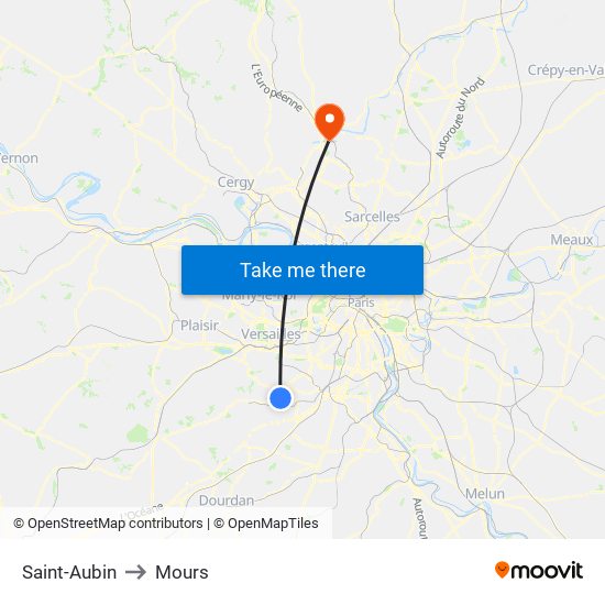 Saint-Aubin to Mours map