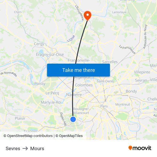 Sevres to Mours map