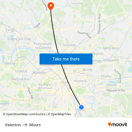 Valenton to Mours map