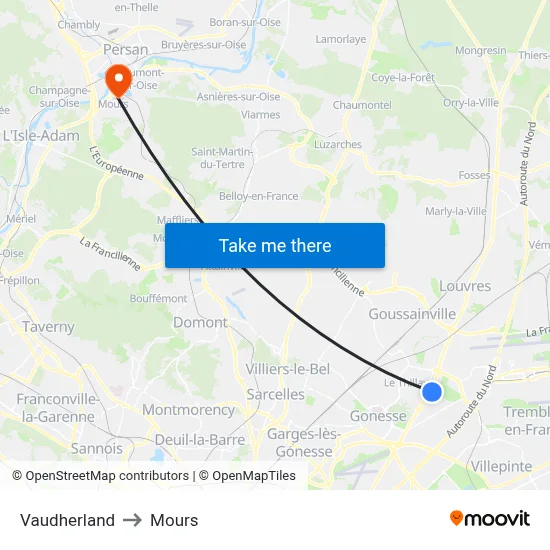 Vaudherland to Mours map