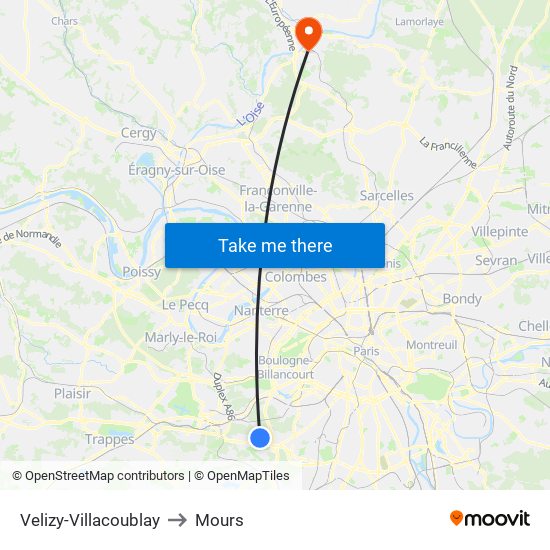 Velizy-Villacoublay to Mours map