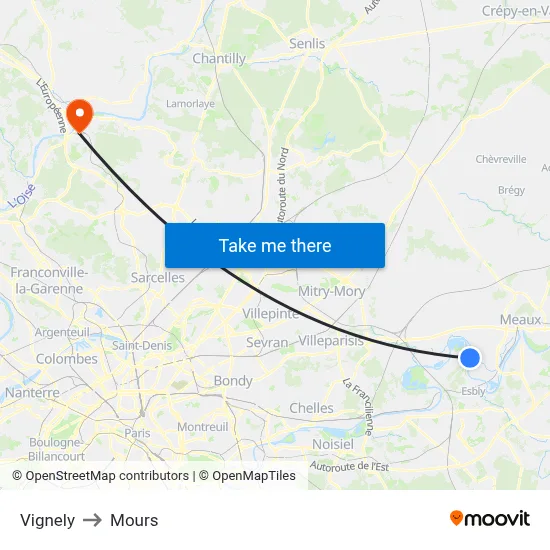 Vignely to Mours map