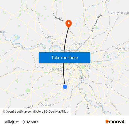 Villejust to Mours map