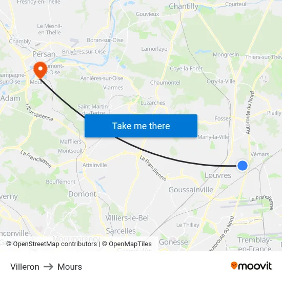 Villeron to Mours map