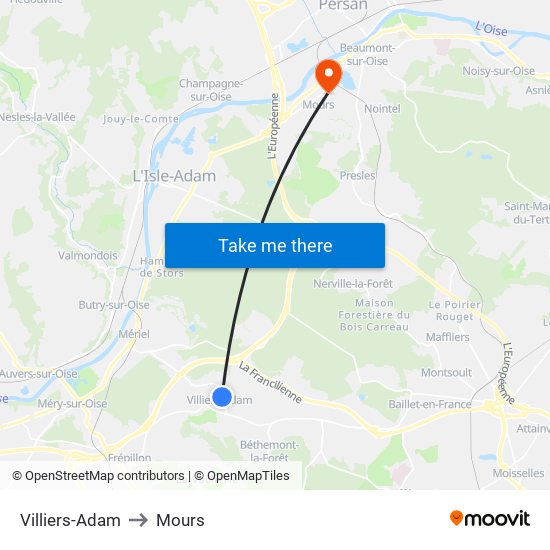 Villiers-Adam to Mours map