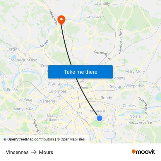 Vincennes to Mours map