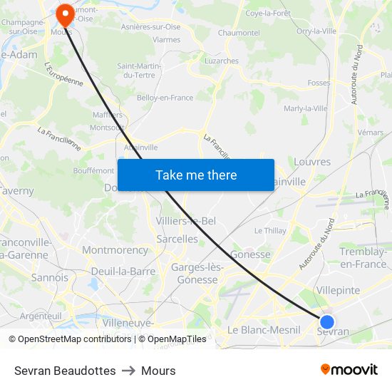 Sevran Beaudottes to Mours map