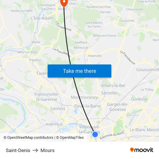Saint-Denis to Mours map