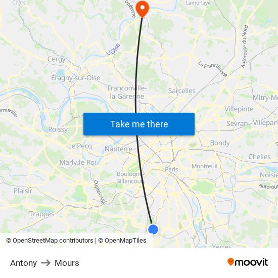 Antony to Mours map