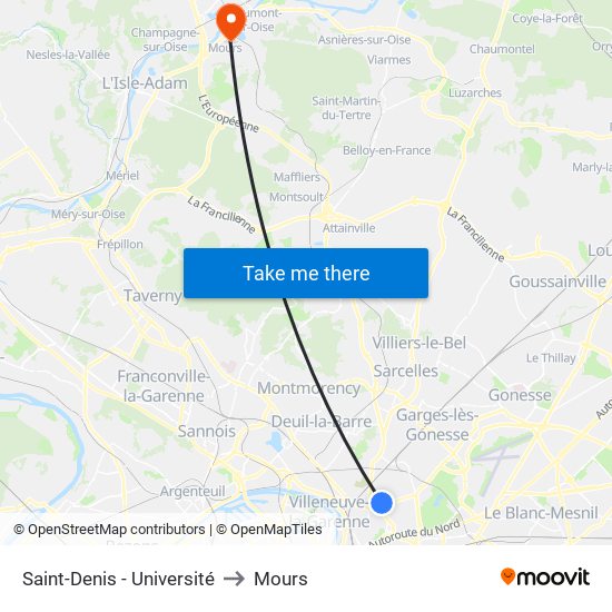 Saint-Denis - Université to Mours map