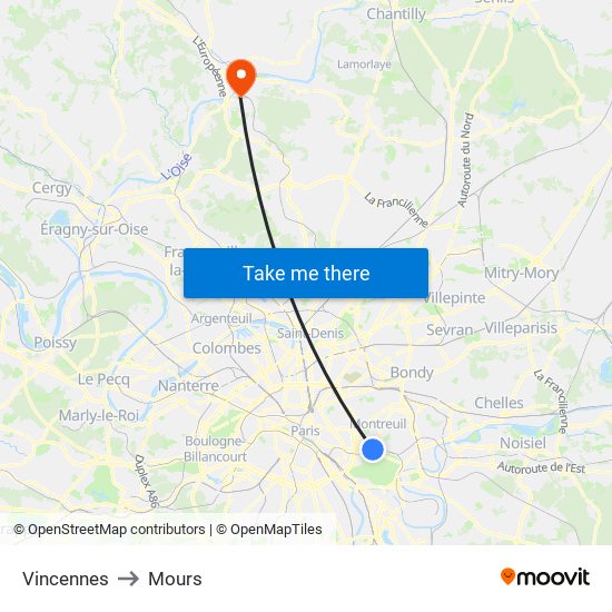 Vincennes to Mours map