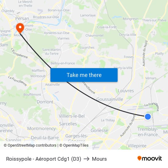 Roissypole - Aéroport Cdg1 (D3) to Mours map