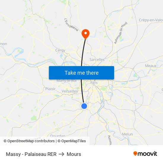 Massy - Palaiseau RER to Mours map