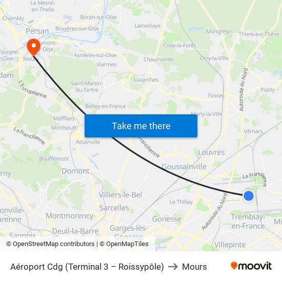 Aéroport Cdg (Terminal 3 – Roissypôle) to Mours map