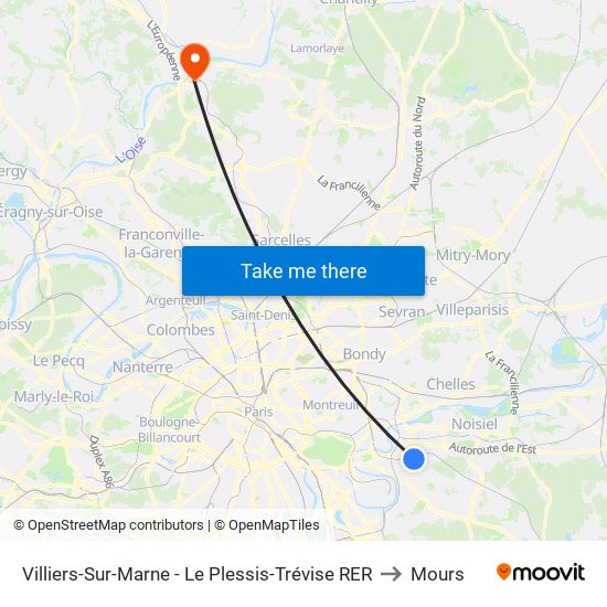 Villiers-Sur-Marne - Le Plessis-Trévise RER to Mours map