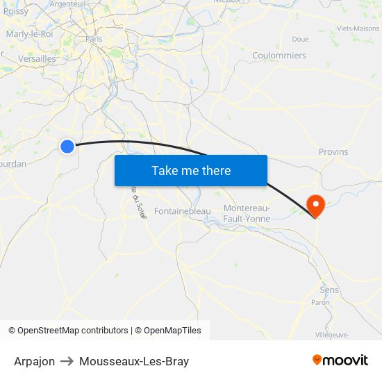 Arpajon to Mousseaux-Les-Bray map