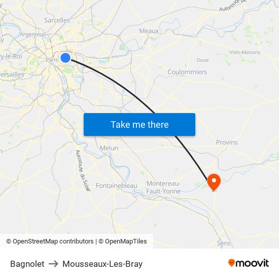 Bagnolet to Mousseaux-Les-Bray map