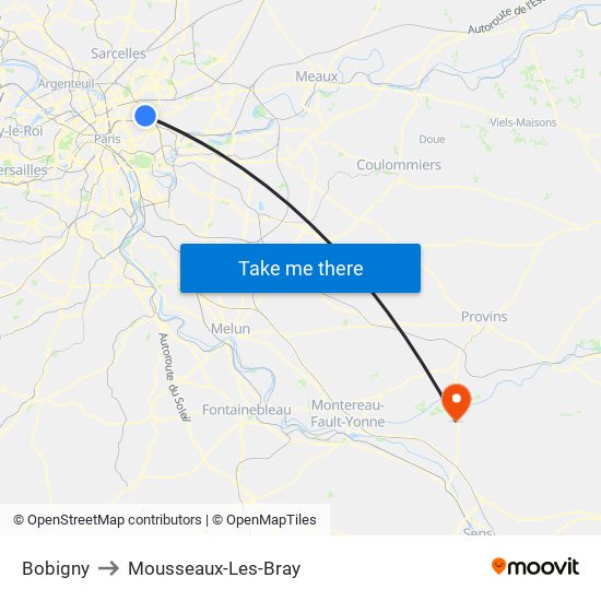Bobigny to Mousseaux-Les-Bray map