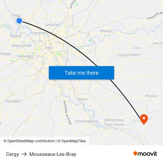 Cergy to Mousseaux-Les-Bray map
