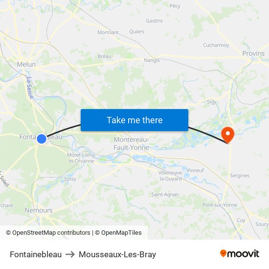 Fontainebleau to Mousseaux-Les-Bray map