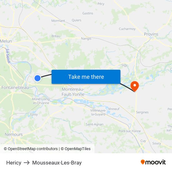 Hericy to Mousseaux-Les-Bray map