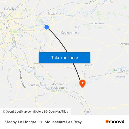 Magny-Le-Hongre to Mousseaux-Les-Bray map