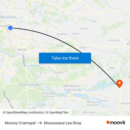 Moissy-Cramayel to Mousseaux-Les-Bray map