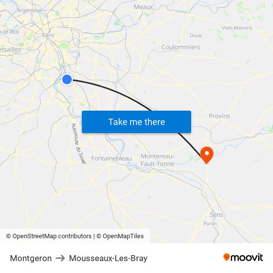 Montgeron to Mousseaux-Les-Bray map