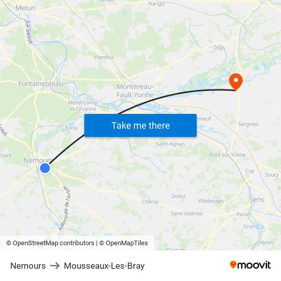 Nemours to Mousseaux-Les-Bray map