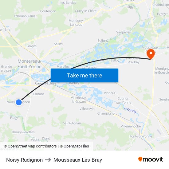 Noisy-Rudignon to Mousseaux-Les-Bray map