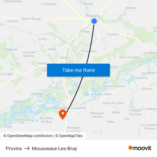 Provins to Mousseaux-Les-Bray map