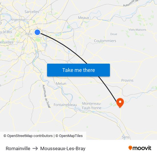 Romainville to Mousseaux-Les-Bray map