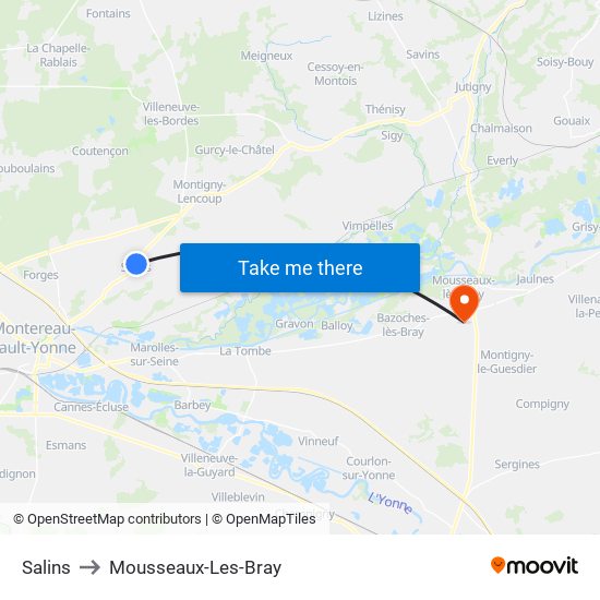 Salins to Mousseaux-Les-Bray map