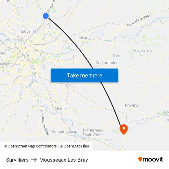 Survilliers to Mousseaux-Les-Bray map