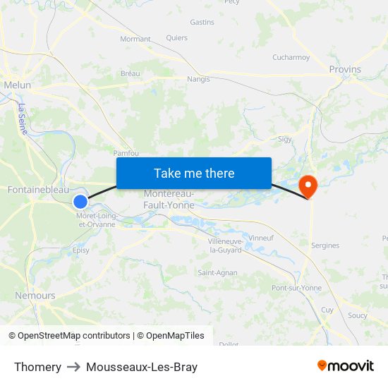 Thomery to Mousseaux-Les-Bray map