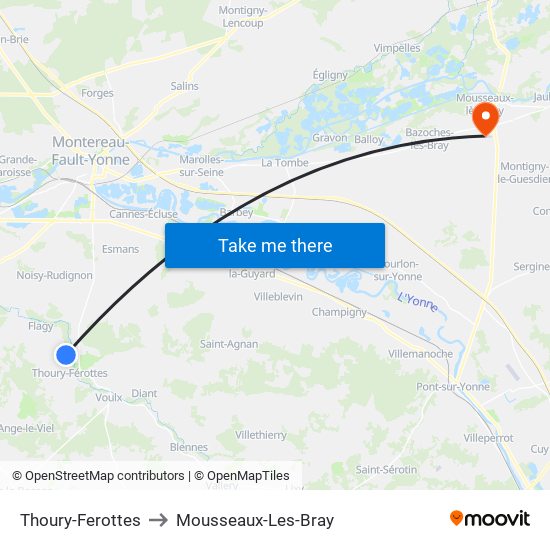 Thoury-Ferottes to Mousseaux-Les-Bray map