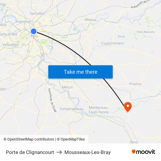 Porte de Clignancourt to Mousseaux-Les-Bray map