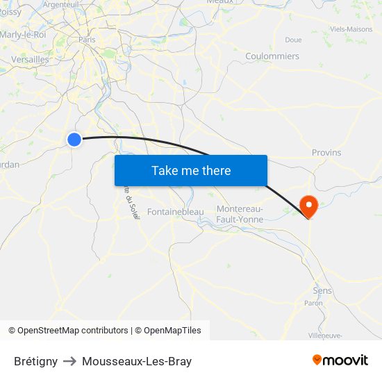 Brétigny to Mousseaux-Les-Bray map