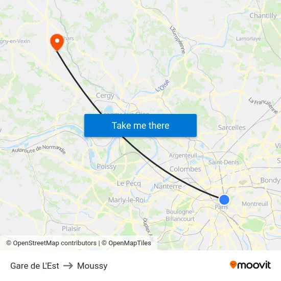 Gare de L'Est to Moussy map