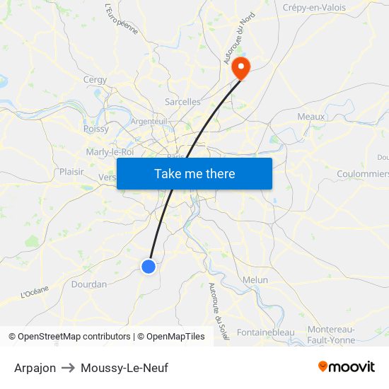 Arpajon to Moussy-Le-Neuf map