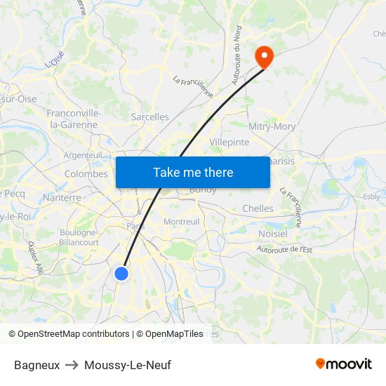 Bagneux to Moussy-Le-Neuf map