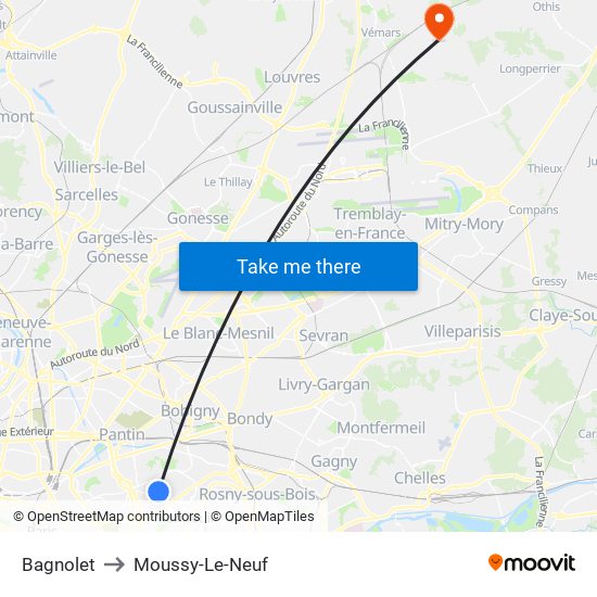 Bagnolet to Moussy-Le-Neuf map