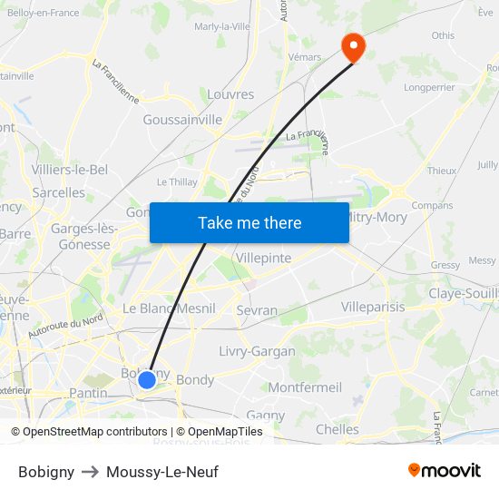 Bobigny to Moussy-Le-Neuf map