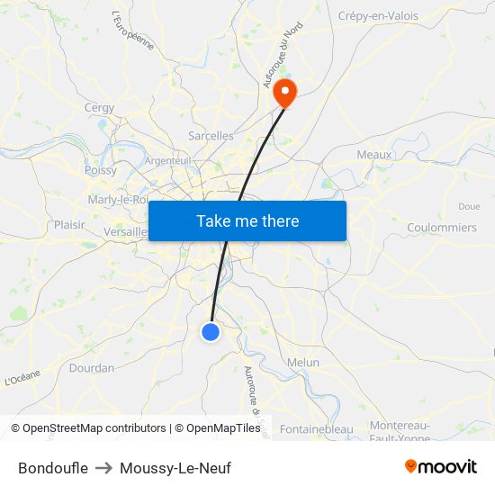 Bondoufle to Moussy-Le-Neuf map
