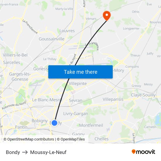 Bondy to Moussy-Le-Neuf map