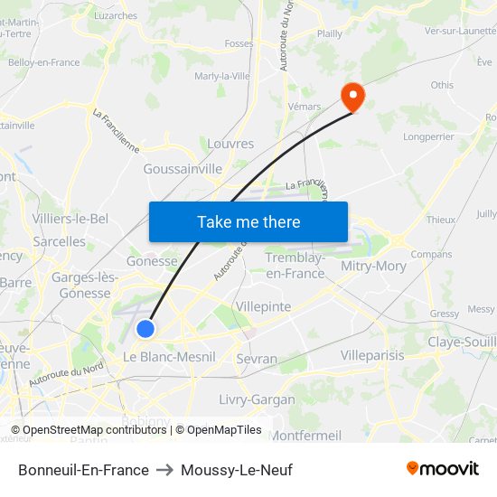 Bonneuil-En-France to Moussy-Le-Neuf map