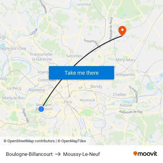 Boulogne-Billancourt to Moussy-Le-Neuf map