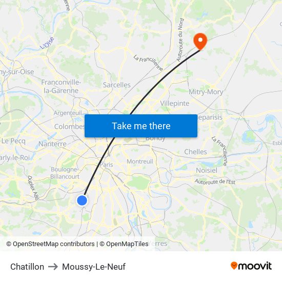 Chatillon to Moussy-Le-Neuf map